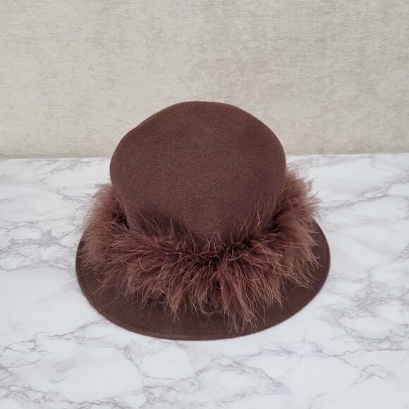 Arlington Hat Co Wool Chocolate Brown With feather band Bucket Hat Church Felt - Picture 5 of 16